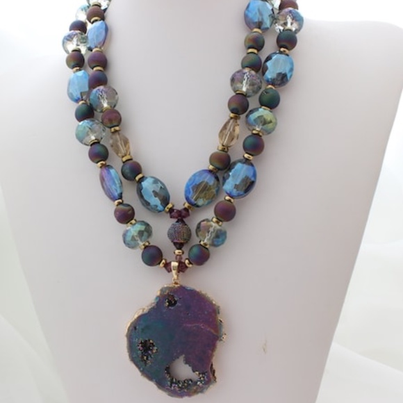 Double Strand Purple Crystals Natural Stone Druzy Pendant Necklace - Picture 5 of 10